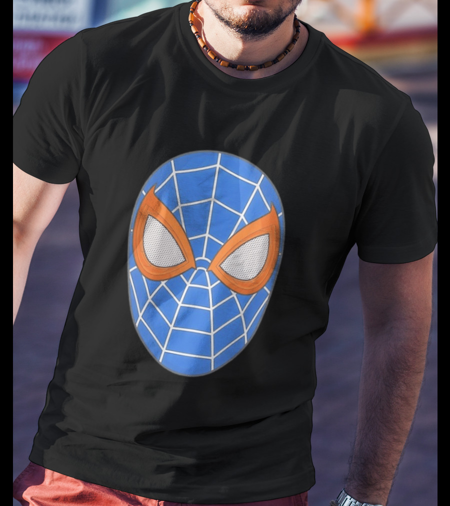 Spidey Spider Man Blue Mask With Orange Eyes And Web T-Shirt