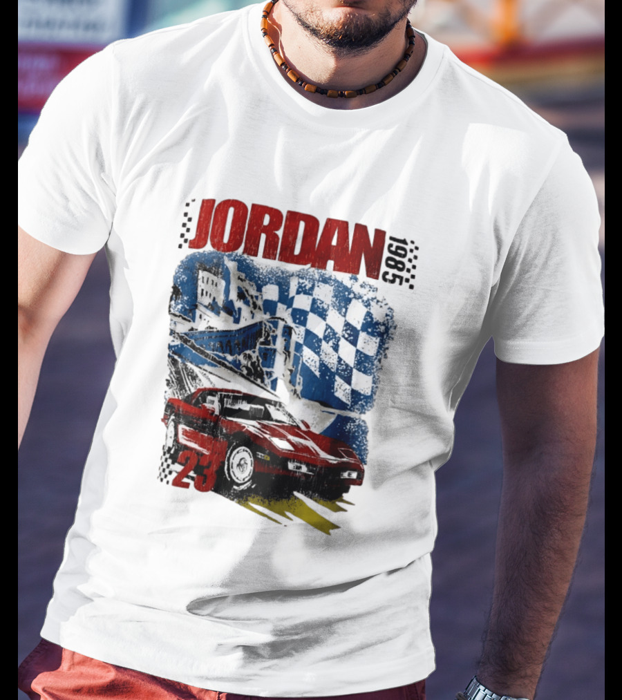Jordan 23 Racing Brooklyn 1985 Checkered Red Sports Car Blue Flag T-Shirt