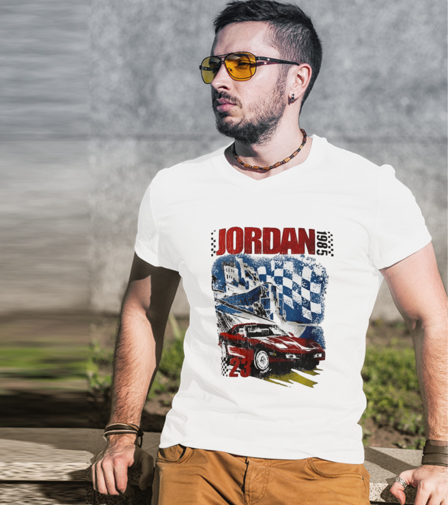Jordan 23 Racing Brooklyn 1985 Checkered Red Sports Car Blue Flag T-Shirt