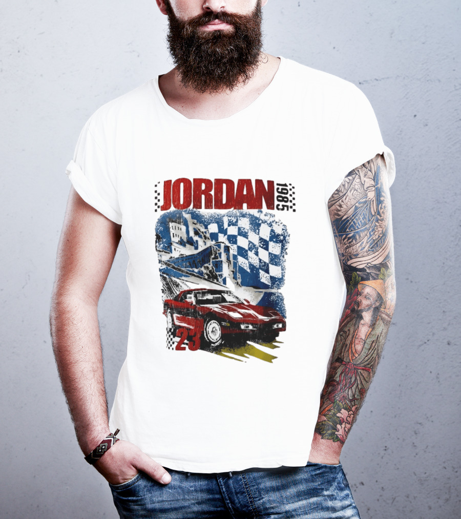 Jordan 23 Racing Brooklyn 1985 Checkered Red Sports Car Blue Flag T-Shirt