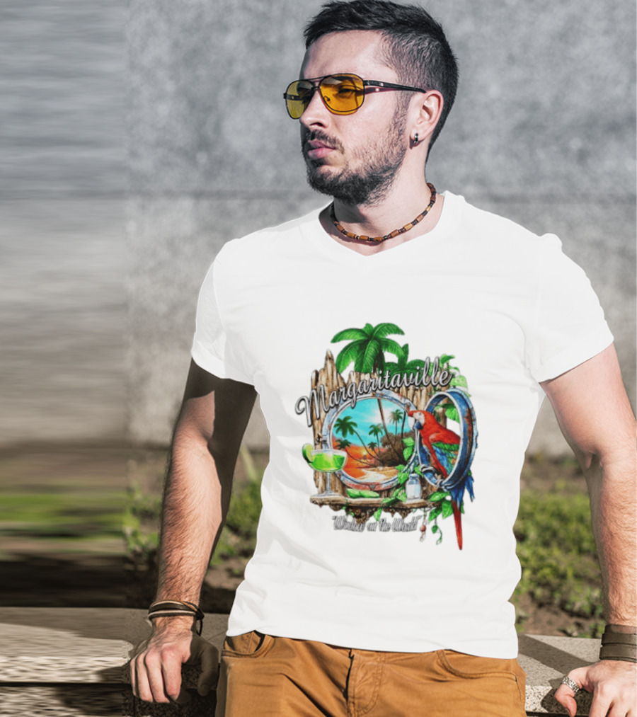 Margaritaville Tropical Parrot Beach Scene Window On The World T-Shirt