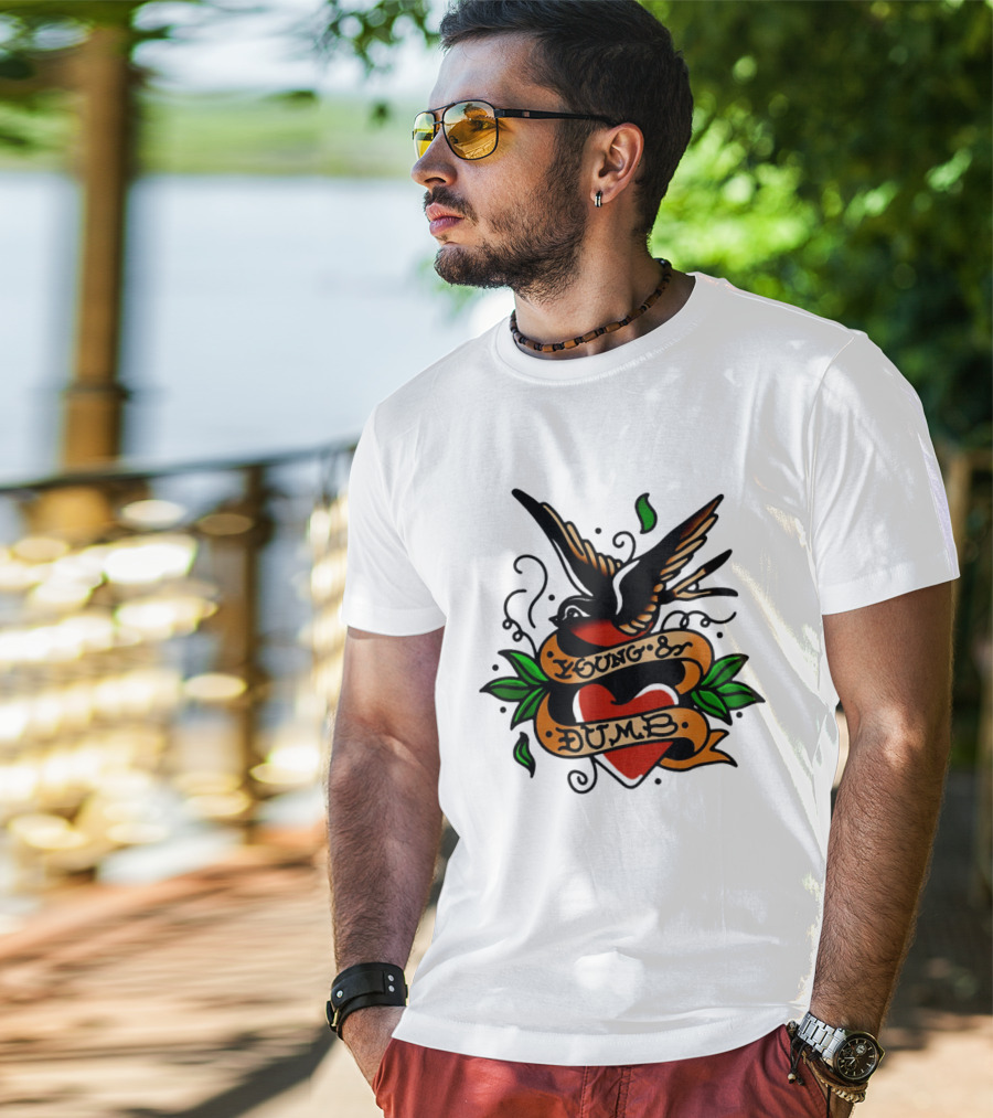 Young And Dumb Swallow Heart Tattoo Vintage Style With Banner And Leaves T-Shirt
