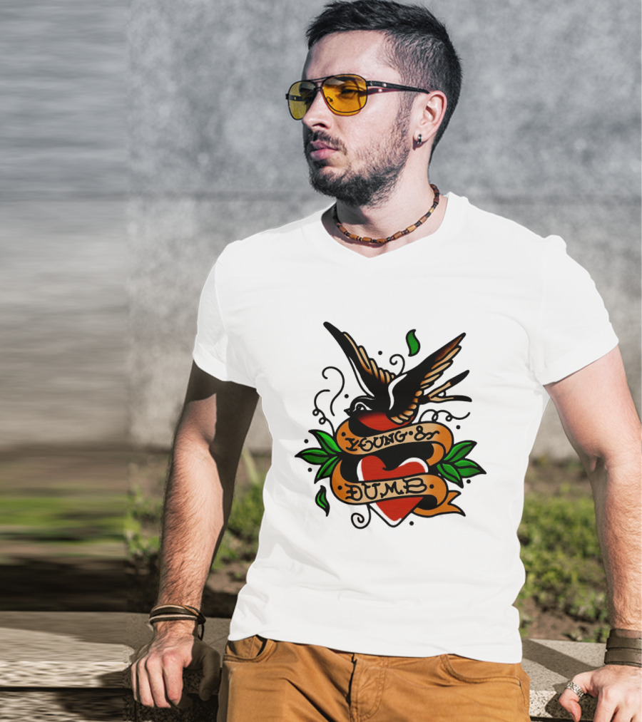 Young And Dumb Swallow Heart Tattoo Vintage Style With Banner And Leaves T-Shirt