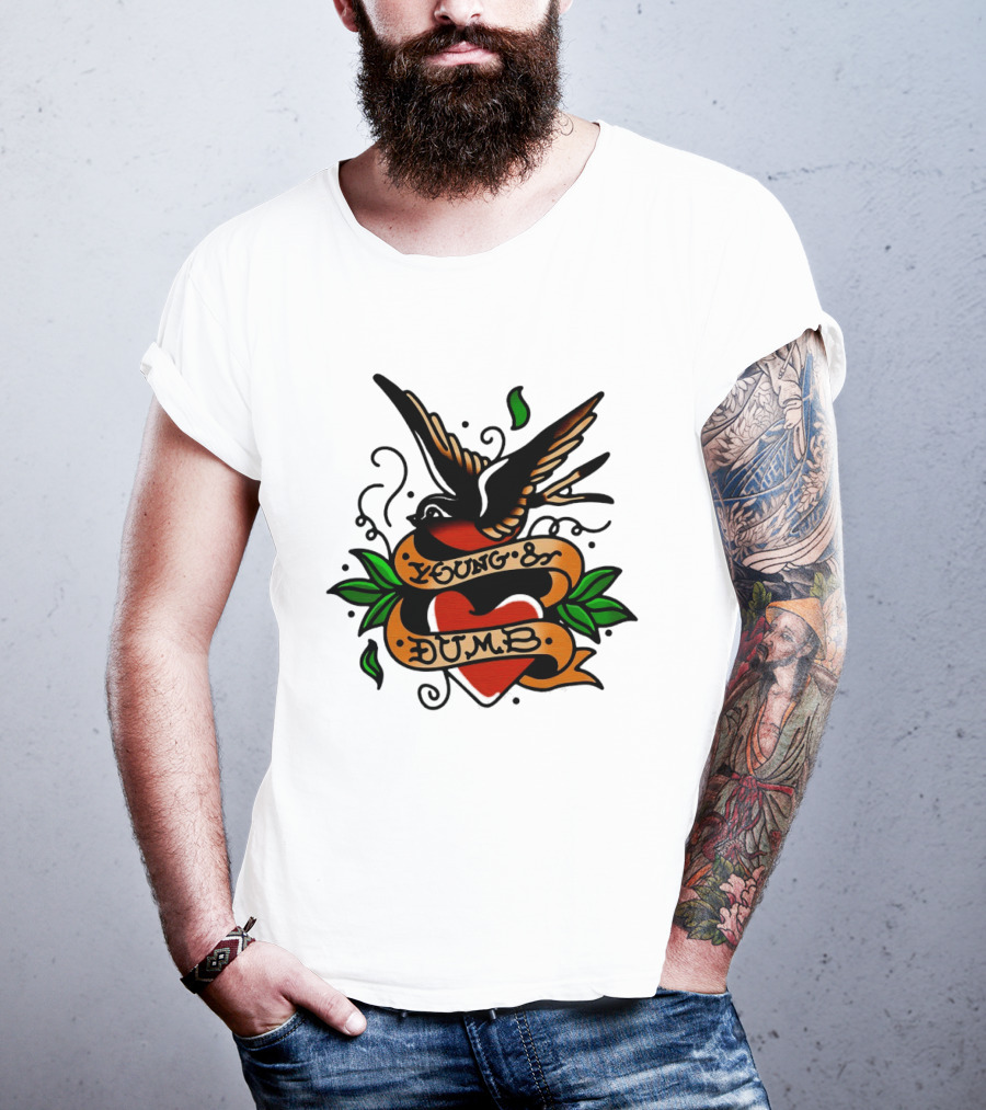 Young And Dumb Swallow Heart Tattoo Vintage Style With Banner And Leaves T-Shirt