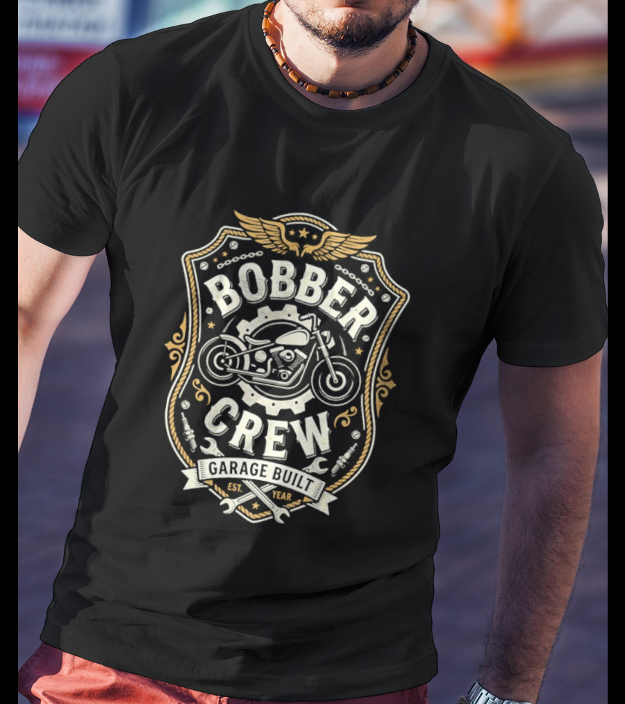 Bobber Crew Garage Built Motorcycle Biker Shield T-Shirt