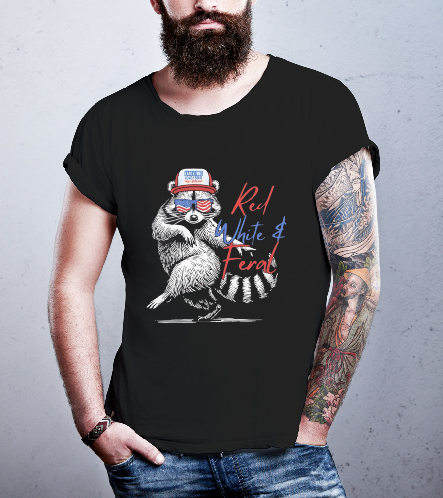 Red White Feral Raccoon Land Of The Free Home Brave 1776 Patriotic USA T-Shirt