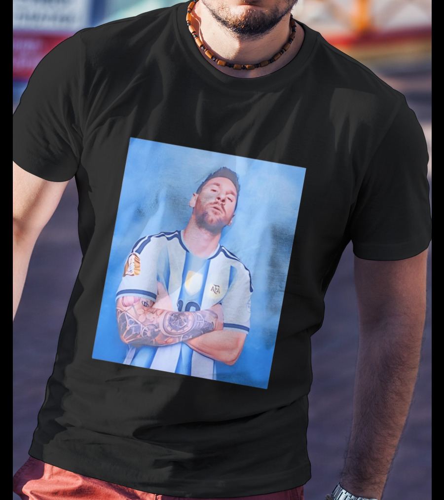 Lionel Messi With Argentina National Team Badge In Blue And White Stripes T-Shirt