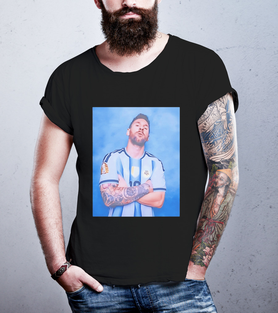 Lionel Messi With Argentina National Team Badge In Blue And White Stripes T-Shirt