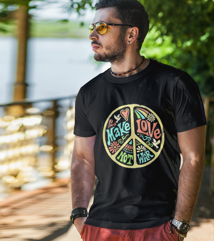 Make Love Not War Peace Sign Floral Rainbow Dove T-Shirt