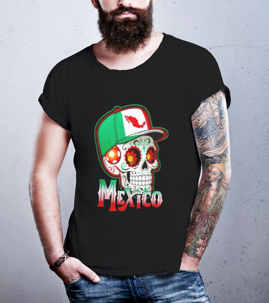 Mexico Sugar Skull Hat Map T-Shirt