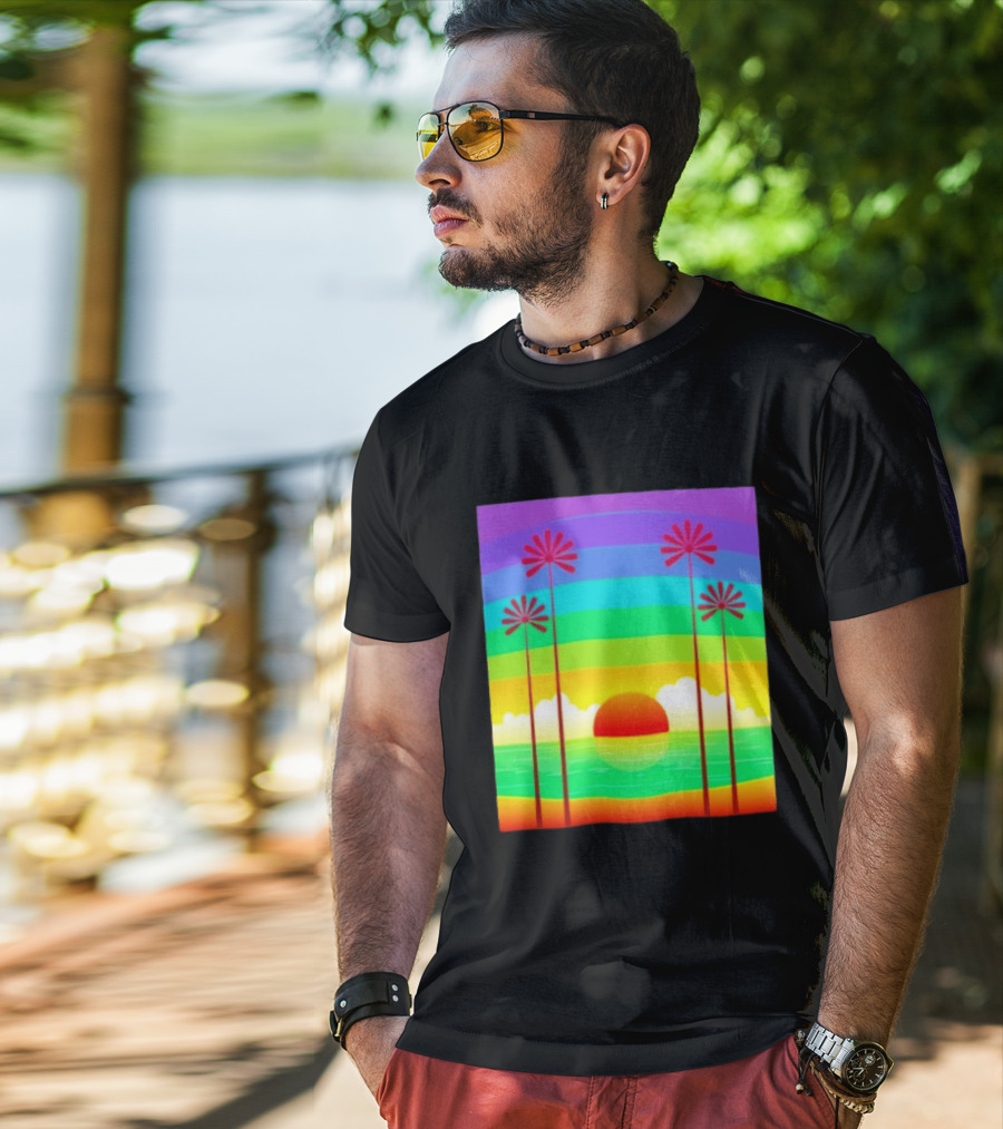 Sunset With Palm Trees And Rainbow Summer Scene T-Shirt
