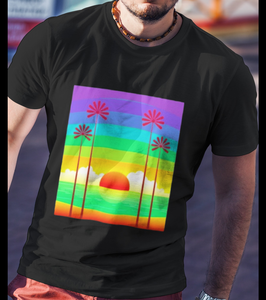 Sunset With Palm Trees And Rainbow Summer Scene T-Shirt