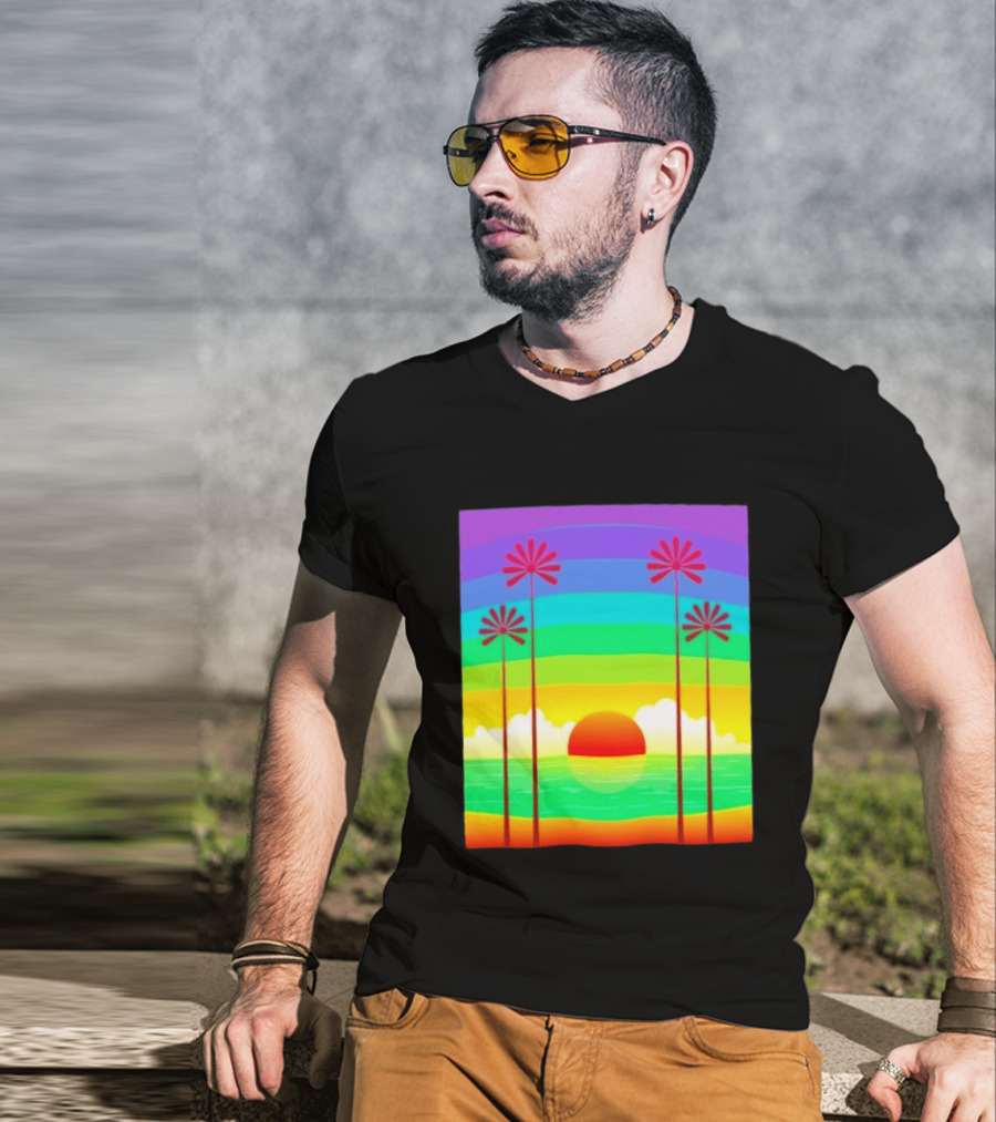 Sunset With Palm Trees And Rainbow Summer Scene T-Shirt