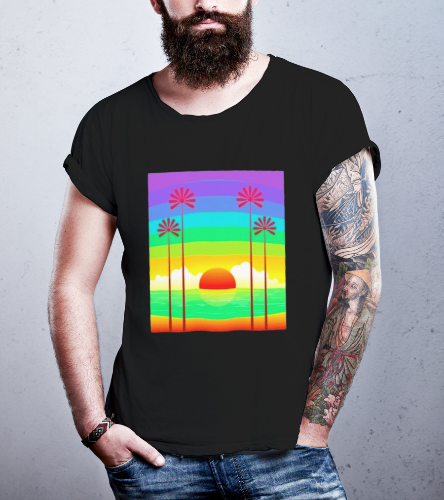 Sunset With Palm Trees And Rainbow Summer Scene T-Shirt