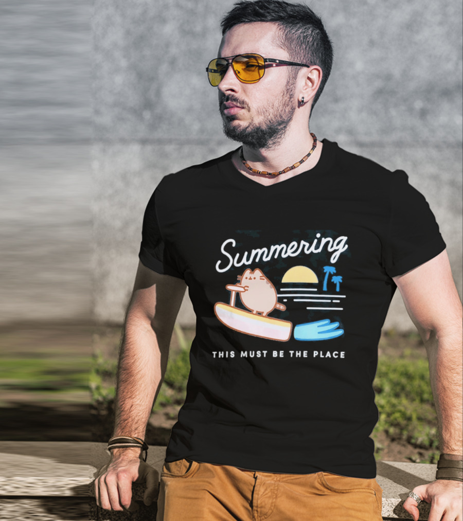 Summering This Must Be The Place Pusheen Surfing Cat Scene T-Shirt