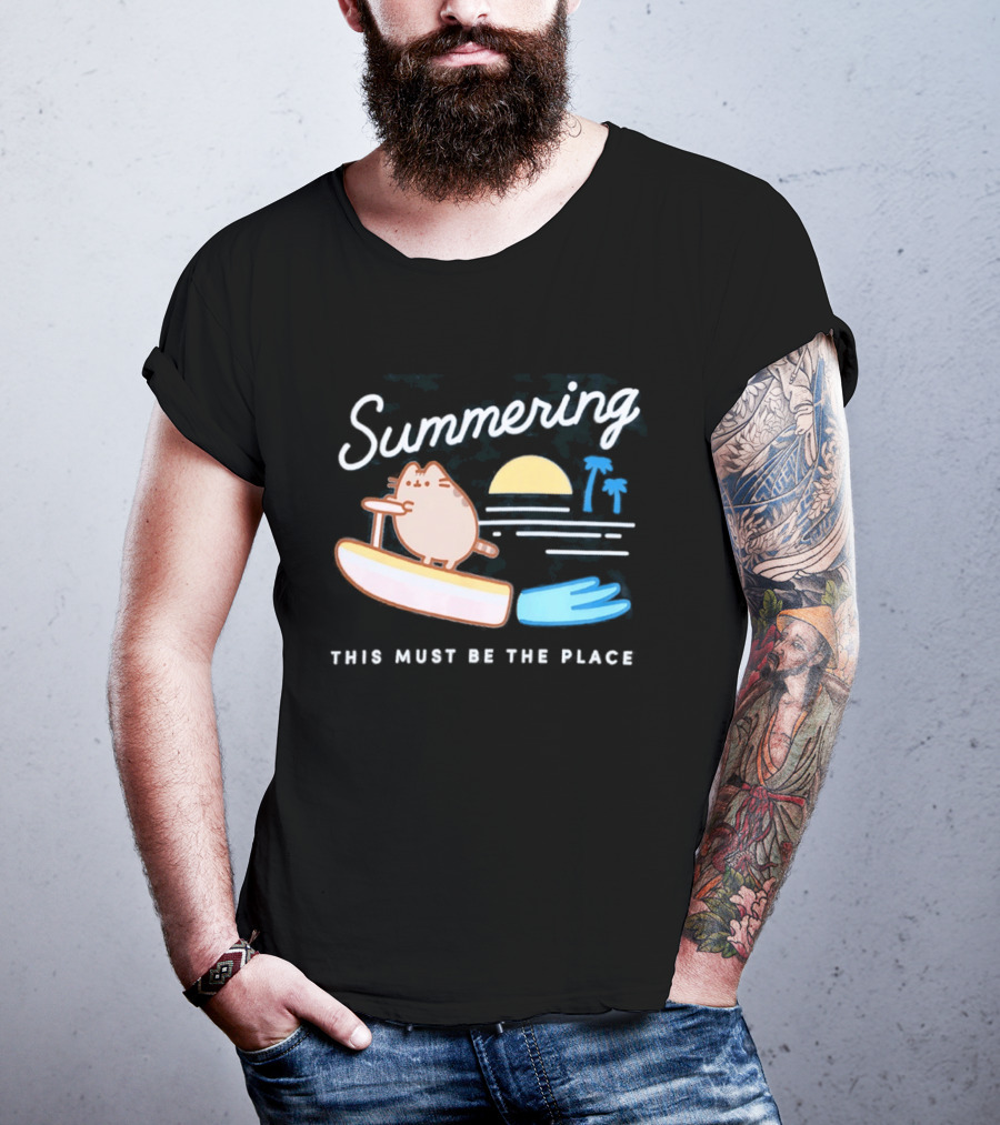 Summering This Must Be The Place Pusheen Surfing Cat Scene T-Shirt