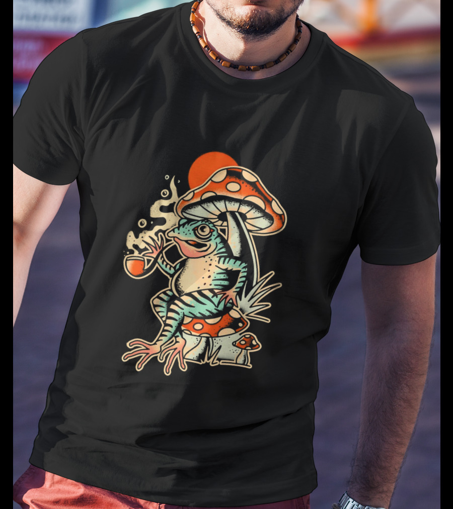 Frog Smoking Pipe Under Mushroom Tattoo T-Shirt