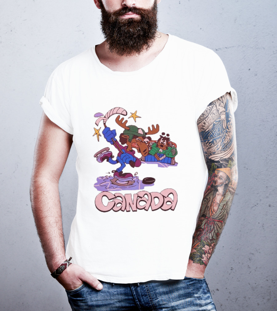 Slushy Noobz Canada Hockey Moose Cartoon Ice Rink Scene T-Shirt