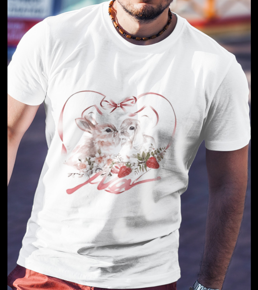 Kissing Rabbits Heart Ribbon Wings Strawberries Cute Love T-Shirt
