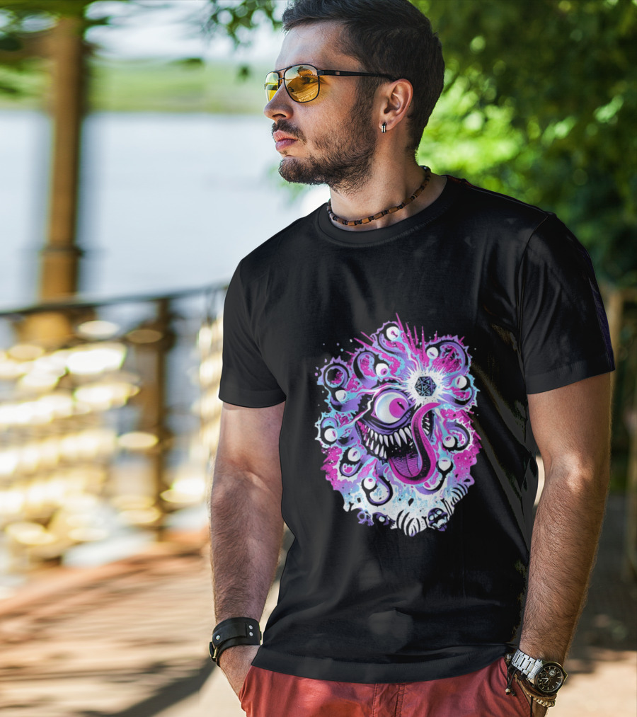 Beholder Dungeons And Dragons Eye Tyrant Illustration With D20 Dice And Psychedelic T-Shirt