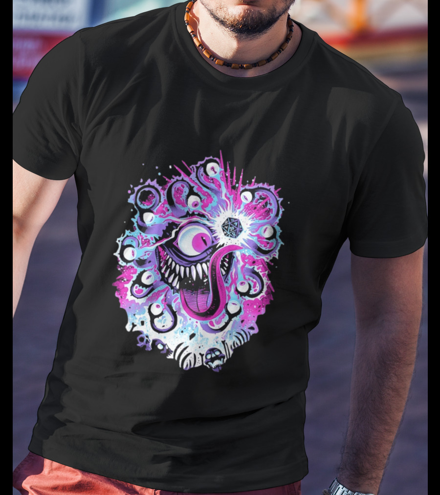 Beholder Dungeons And Dragons Eye Tyrant Illustration With D20 Dice And Psychedelic T-Shirt