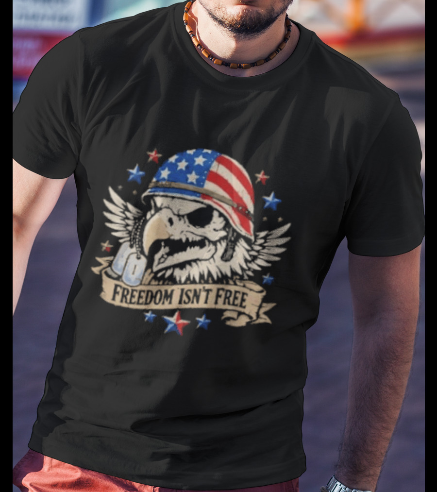 Distressed Eagle Skull Freedom Isn't Free Patriotic American Flag Helmet Stars T-Shirt