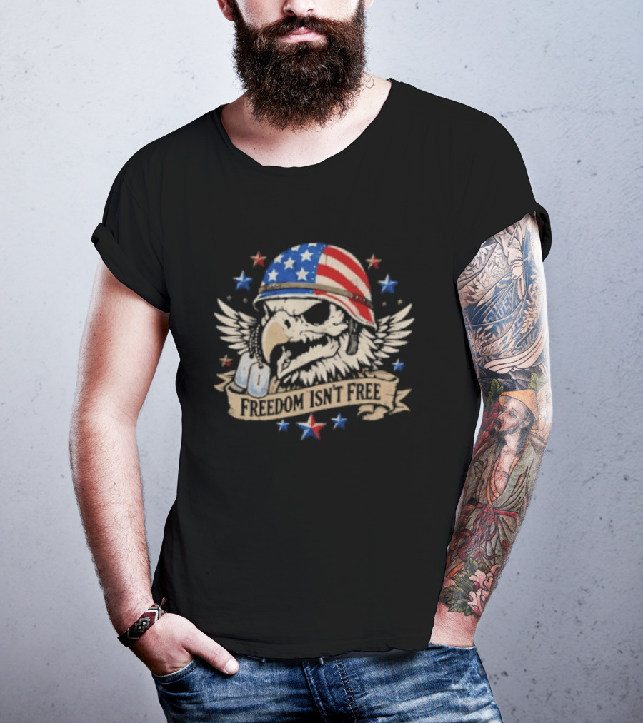 Distressed Eagle Skull Freedom Isn't Free Patriotic American Flag Helmet Stars T-Shirt