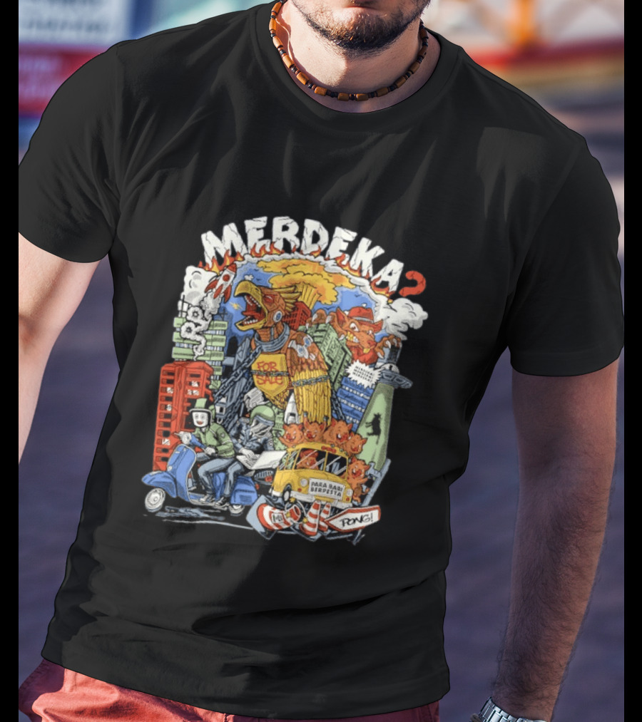 Merdeka Para Babi Berpesta Satire Indonesian Illustration With Cityscape And Mythical Creatures T-Shirt
