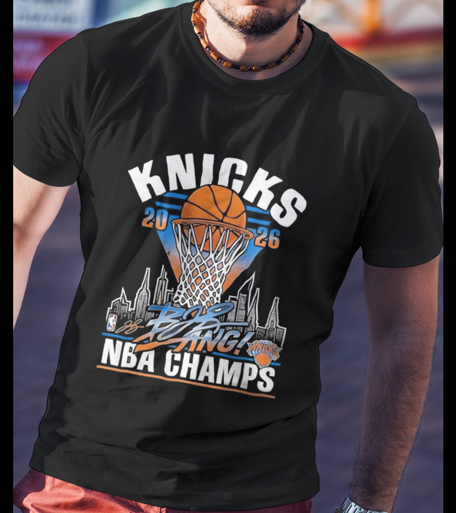 Knicks 2026 NBA Champs Bang NYC Skyline Basketball Net Victory T-Shirt
