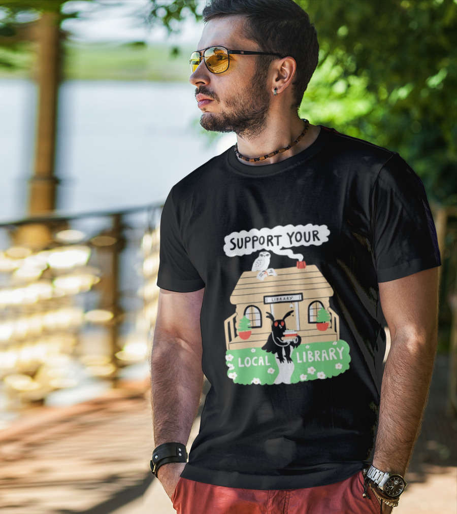 Support Your Local Library Mothman With Books And Cozy Cabin Reading T-Shirt