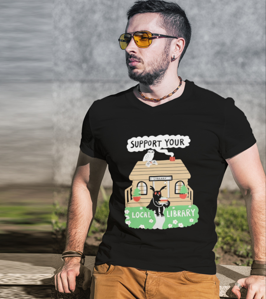 Support Your Local Library Mothman With Books And Cozy Cabin Reading T-Shirt
