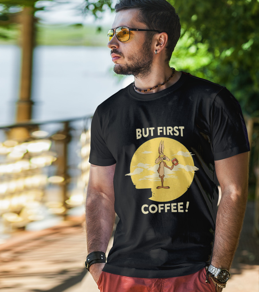 Looney Tunes Wile E Coyote But First Coffee Vintage Cartoon T-Shirt