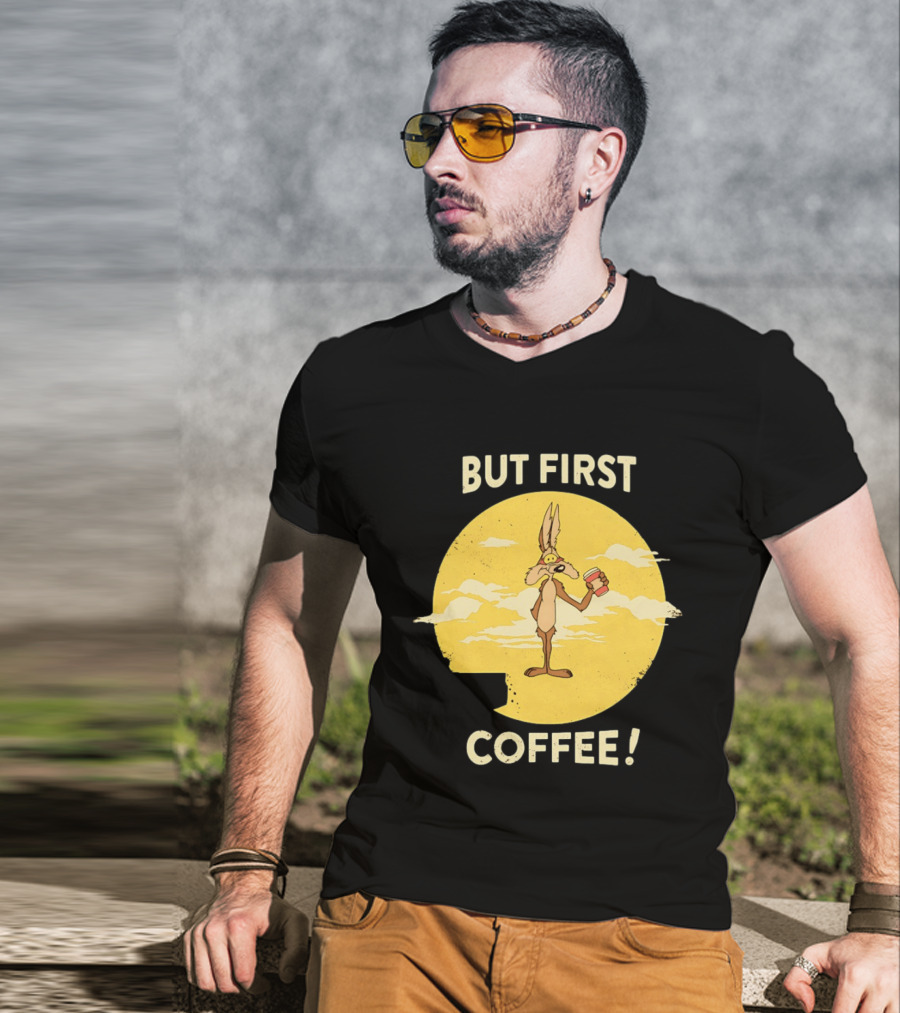 Looney Tunes Wile E Coyote But First Coffee Vintage Cartoon T-Shirt
