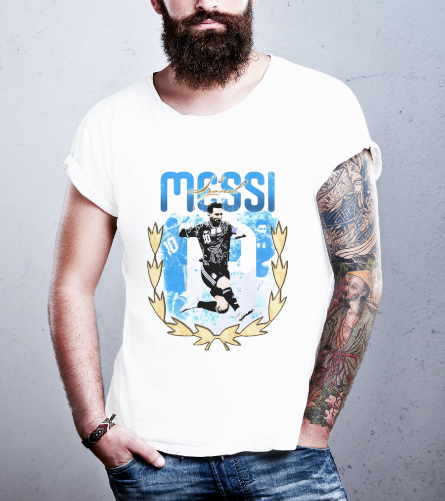 Messi 10 Sliding Celebration With Gold Laurel Wreath T-Shirt
