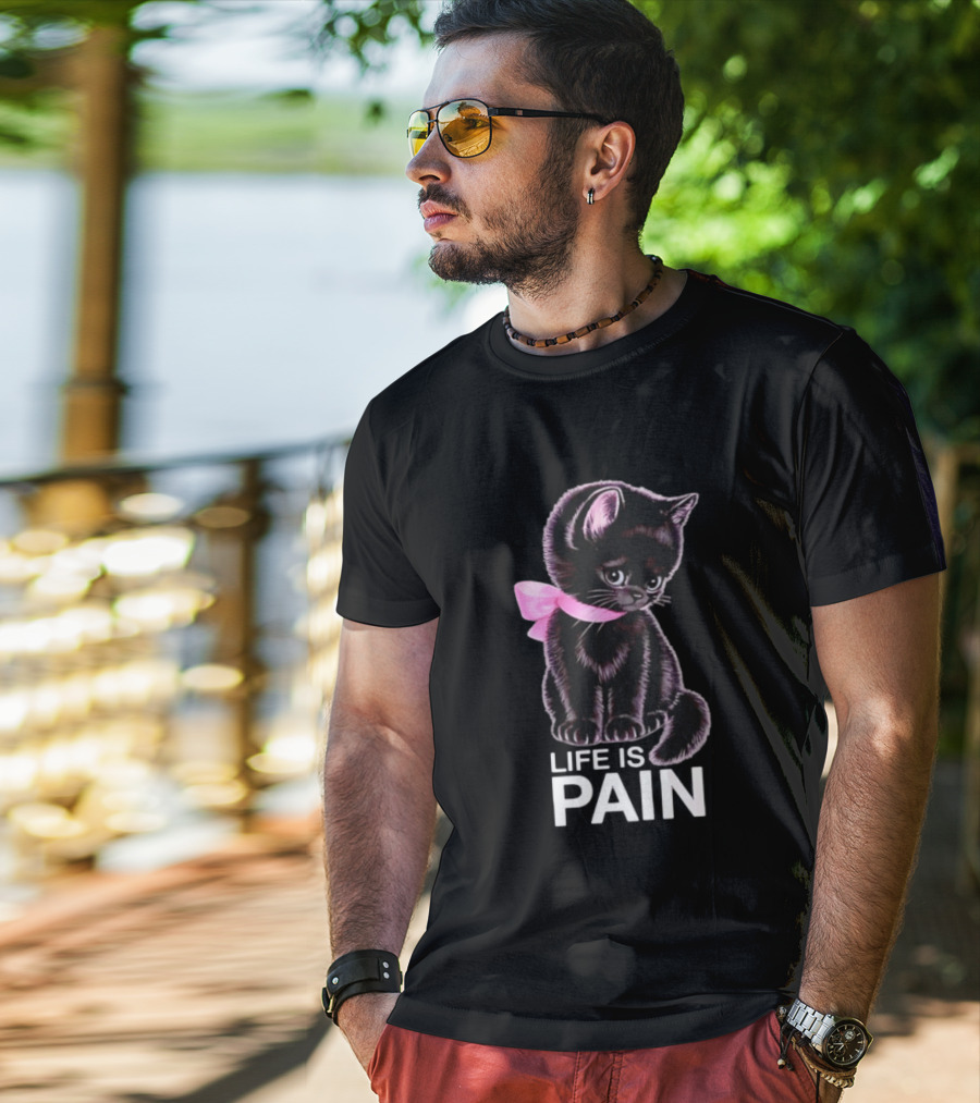 Life Is Pain Black Cat Sad Kitten Pink Bow T-Shirt