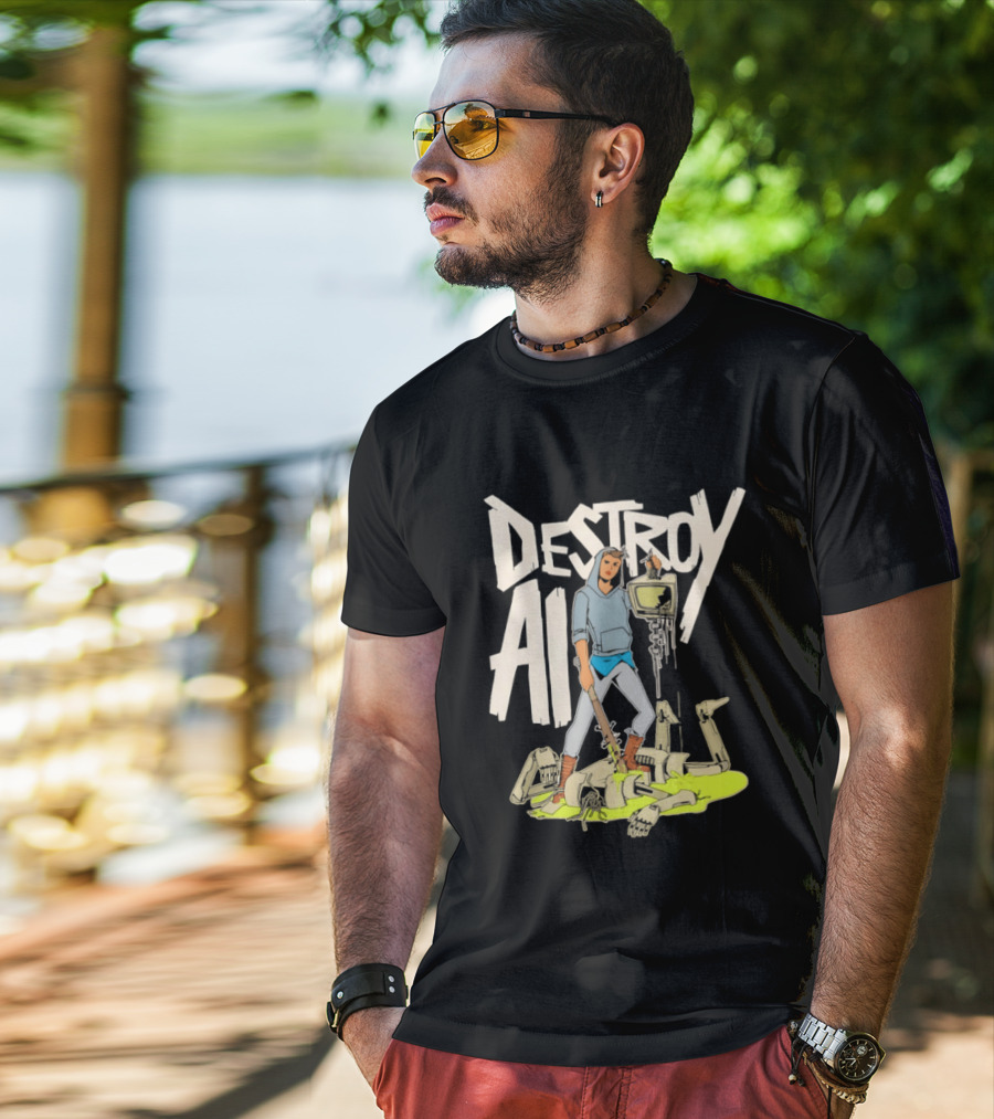 Destroy AI Sci Fi Cyberpunk Robot Resistance Heroic Battle Scene T-Shirt