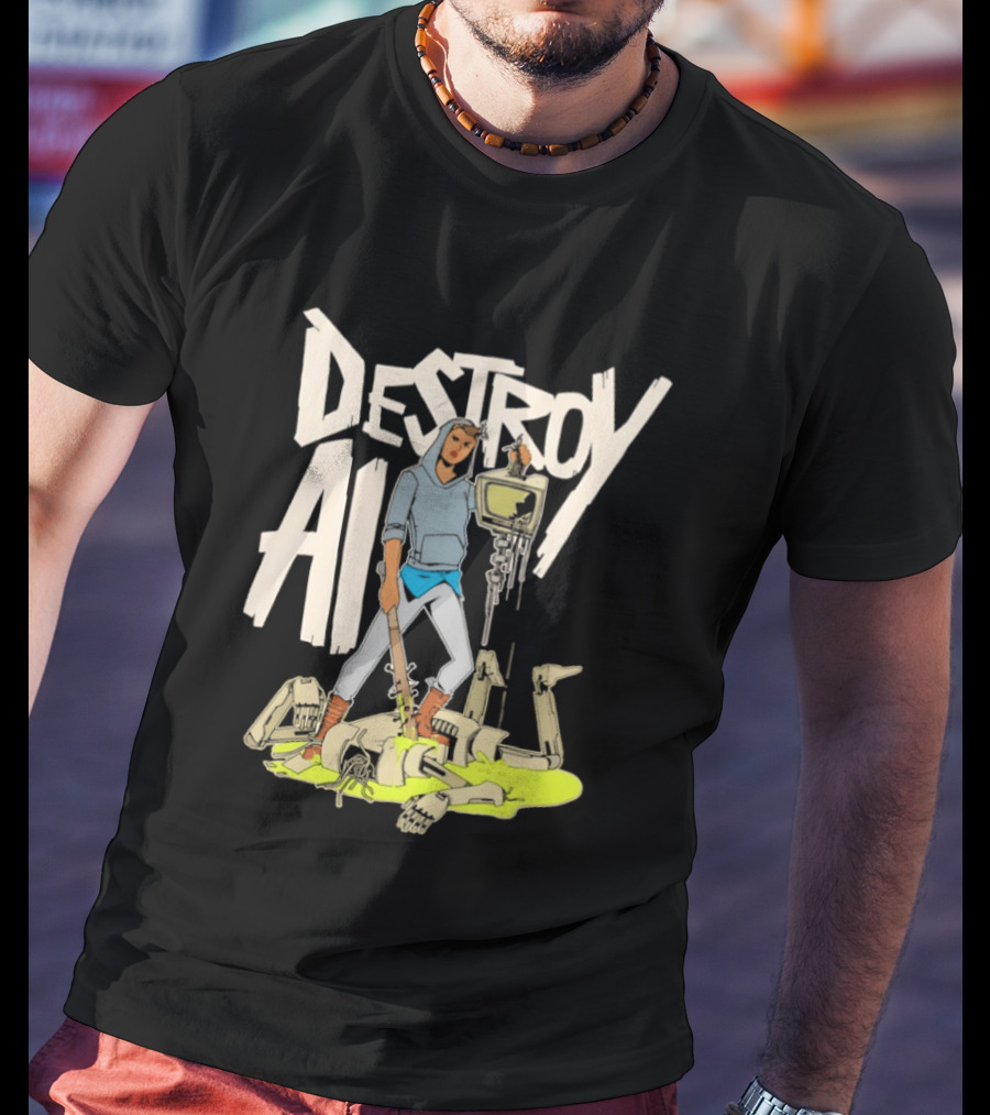 Destroy AI Sci Fi Cyberpunk Robot Resistance Heroic Battle Scene T-Shirt