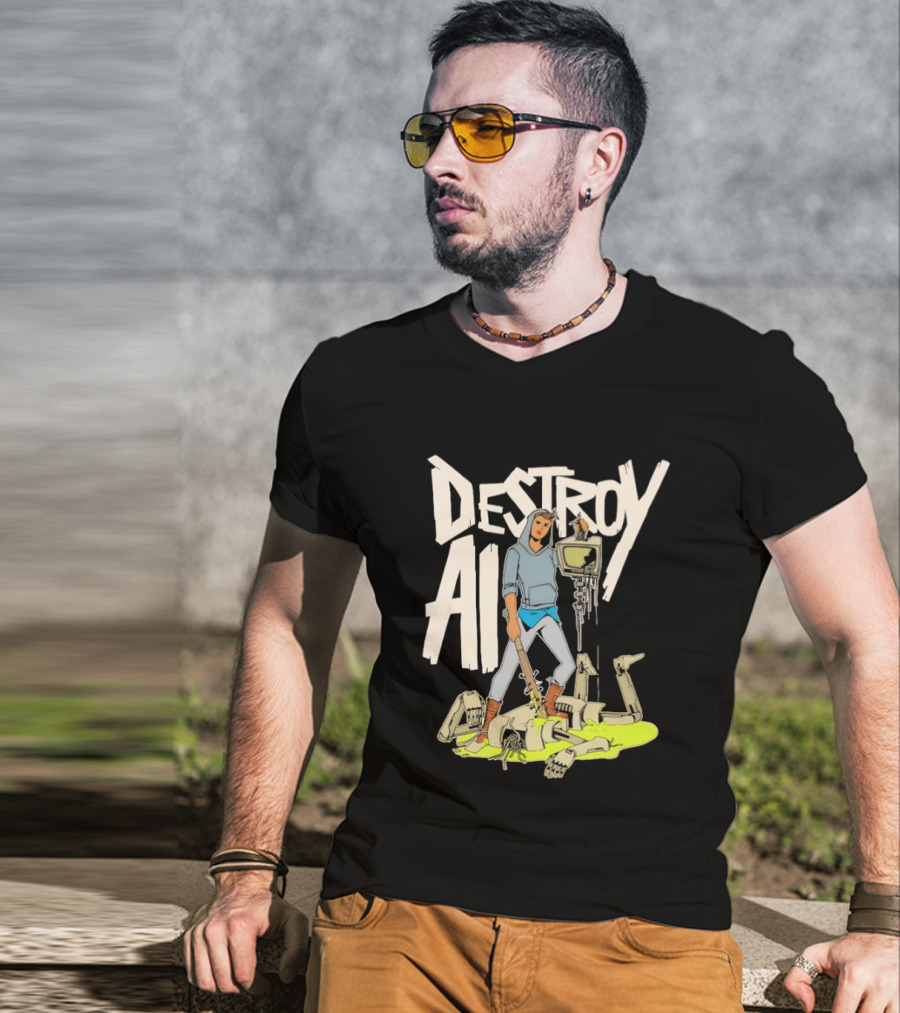 Destroy AI Sci Fi Cyberpunk Robot Resistance Heroic Battle Scene T-Shirt