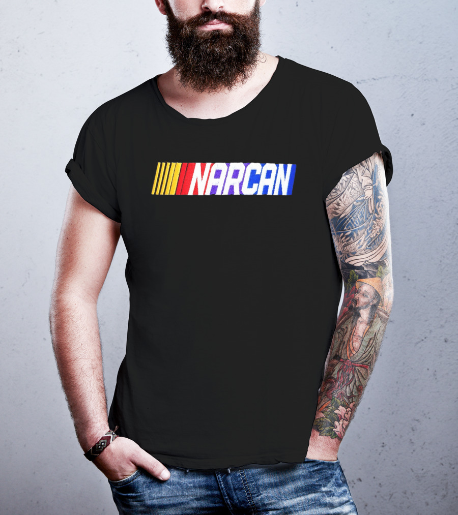 NASCAR Style NARCAN Text With Racing Stripes T-Shirt