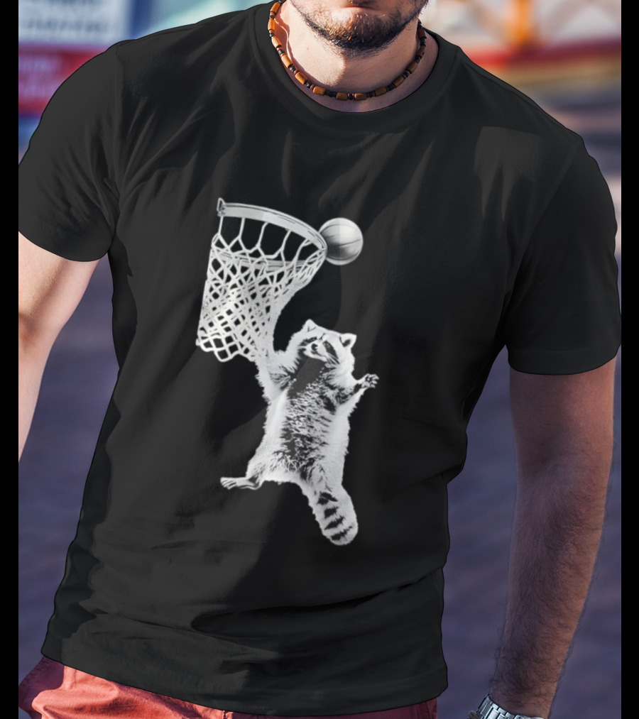 Raccoon Dunking Basketball Fun Animal Sports Play T-Shirt