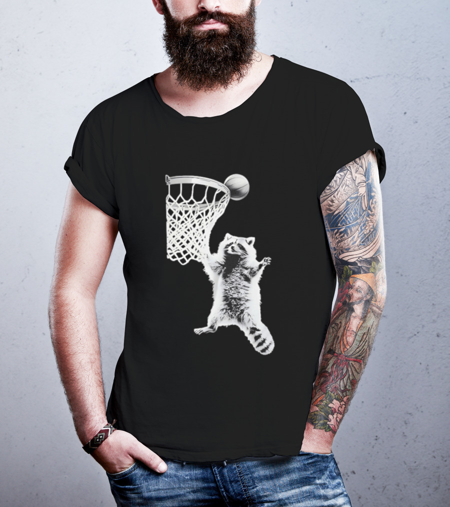 Raccoon Dunking Basketball Fun Animal Sports Play T-Shirt