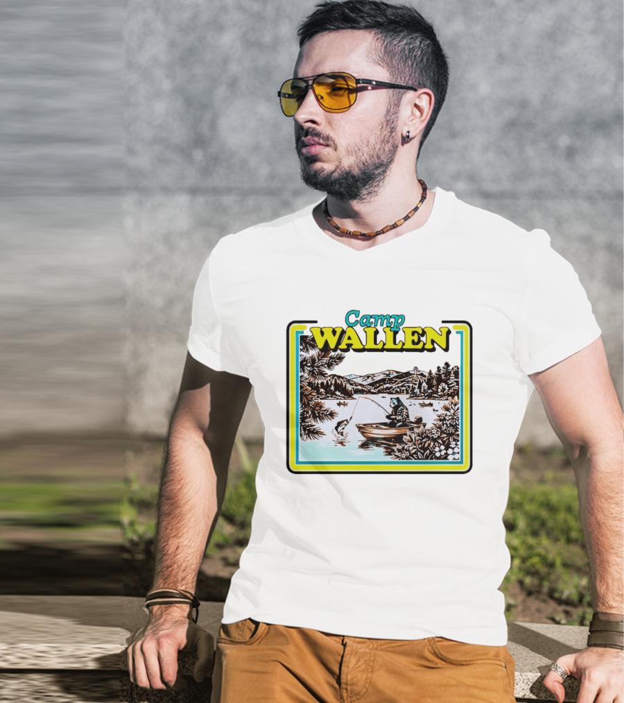 Camp Wallen Bear Fishing In Lake And Mountains Scene T-Shirt