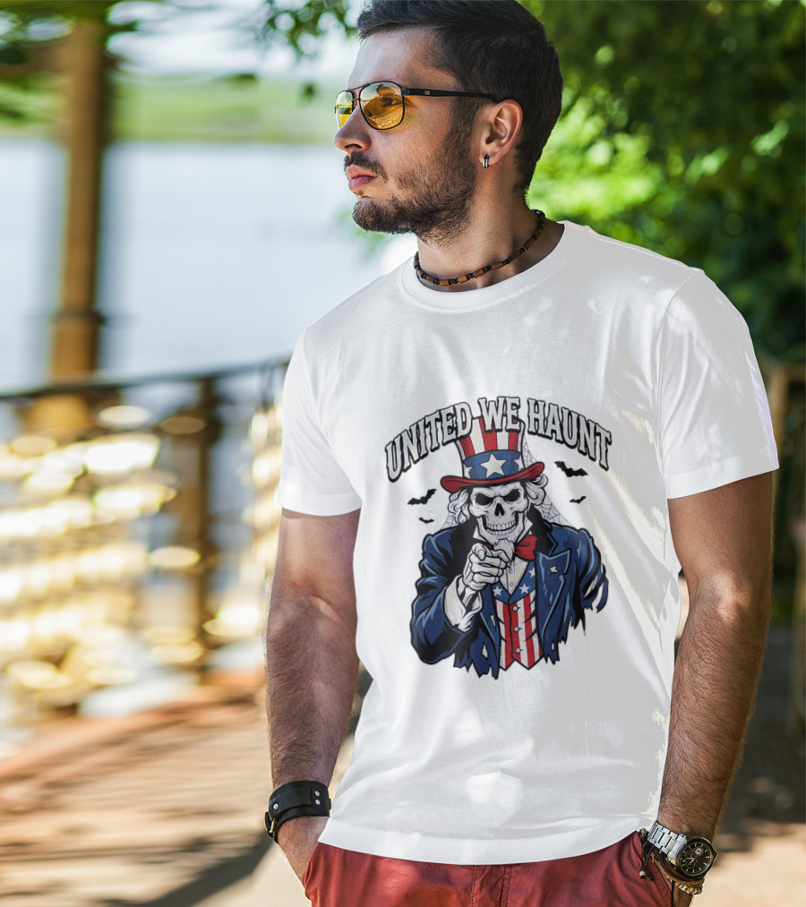 Uncle Sam Skeleton Pointing United We Haunt Halloween Bats T-Shirt