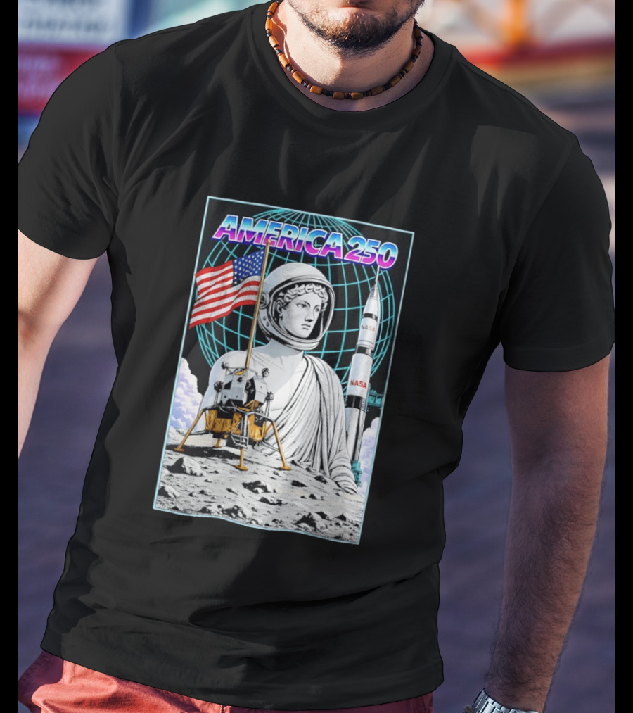 America 250 Apollo Space Rocket NASA Flag Astronaut Statue Moon T-Shirt