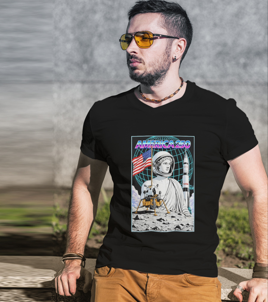 America 250 Apollo Space Rocket NASA Flag Astronaut Statue Moon T-Shirt