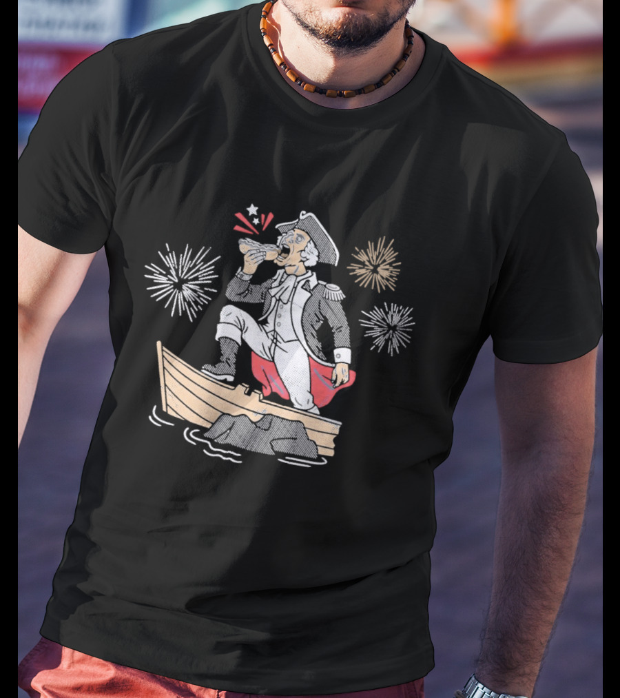 George Washington On Boat Eating Hot Dog With Fireworks Display T-Shirt