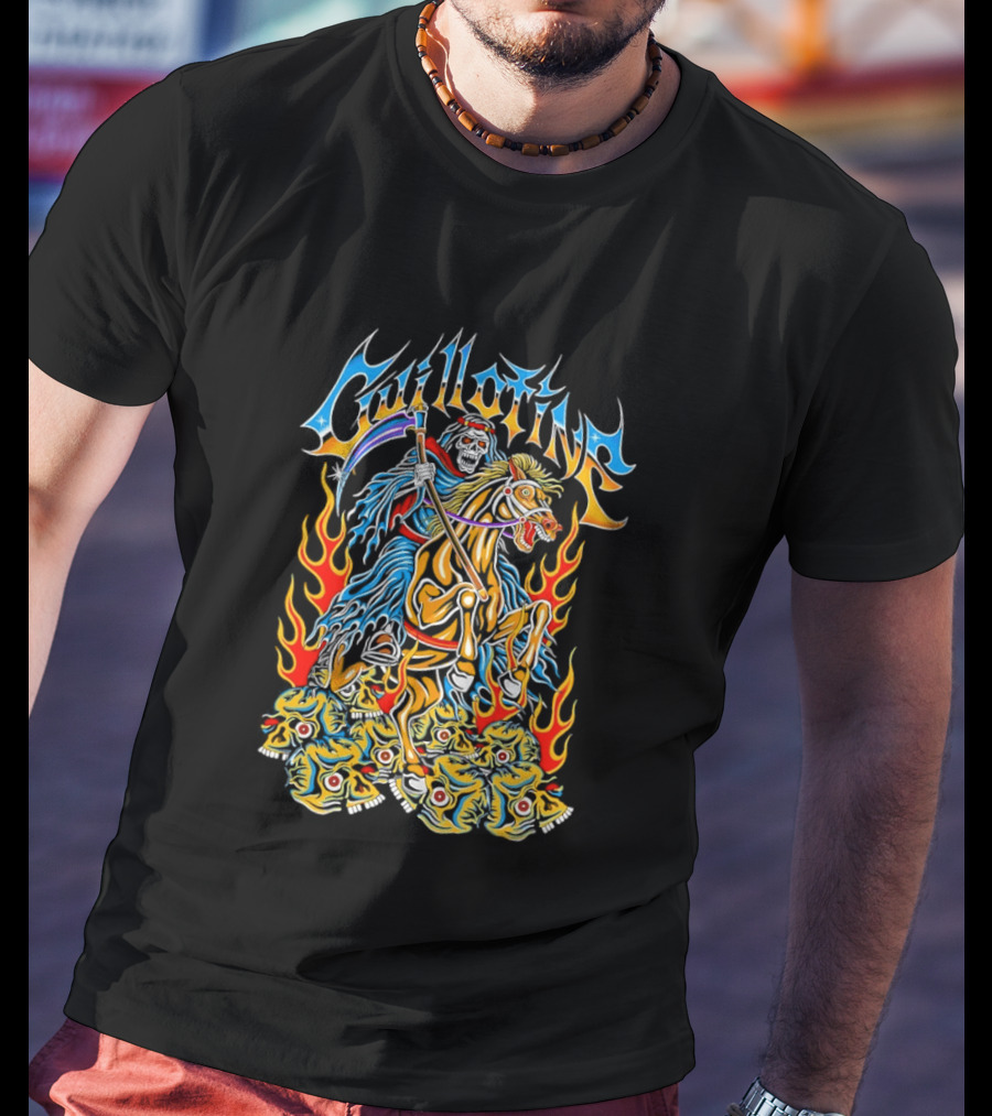 Guillotine Grim Reaper Riding Fiery Horse With Skull And Flames Heavy Metal Concert T-Shirt