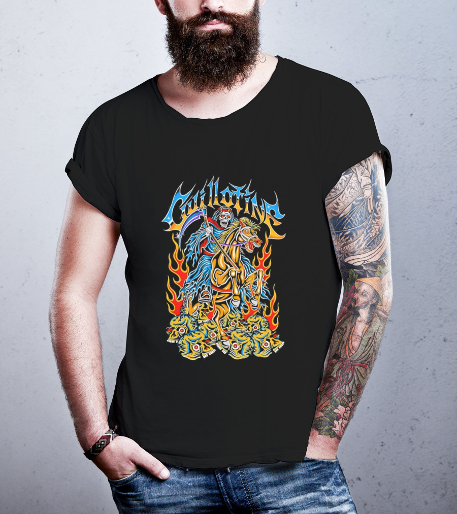 Guillotine Grim Reaper Riding Fiery Horse With Skull And Flames Heavy Metal Concert T-Shirt