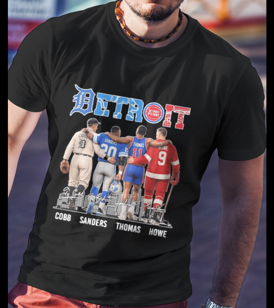 Detroit Icons Ty Cobb Barry Sanders Isiah Thomas Gordie Howe Signatures Skyline T-Shirt