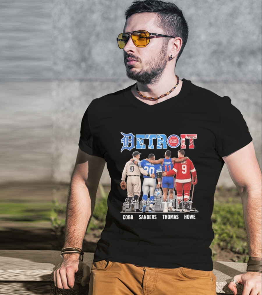 Detroit Icons Ty Cobb Barry Sanders Isiah Thomas Gordie Howe Signatures Skyline T-Shirt